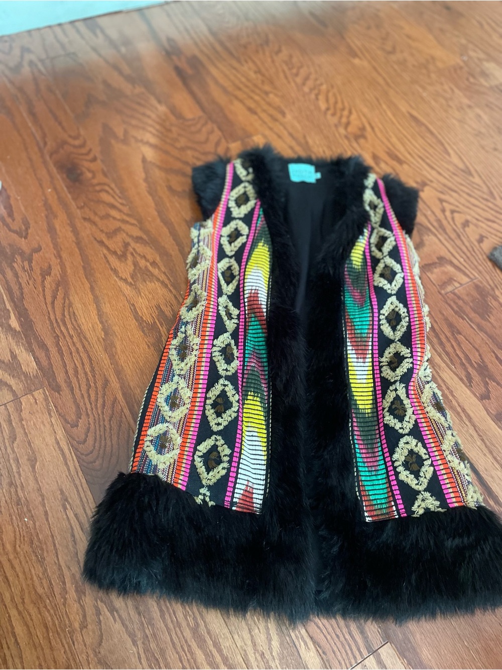 Judith March Sweater Vest Black Faux Fur Trim Multicolor Patterned Size Small